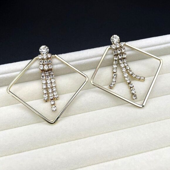 Yellow Gold Rhombus with White Diamond Crystal Dangling Tassel Post Earrings - Picture 6 of 9